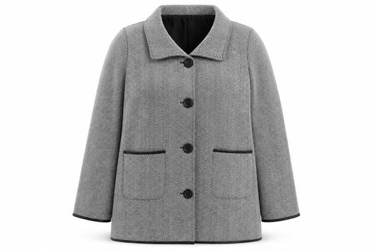 Front view of Anne De Lancay women’s black geometric jacket, size UK 14, button