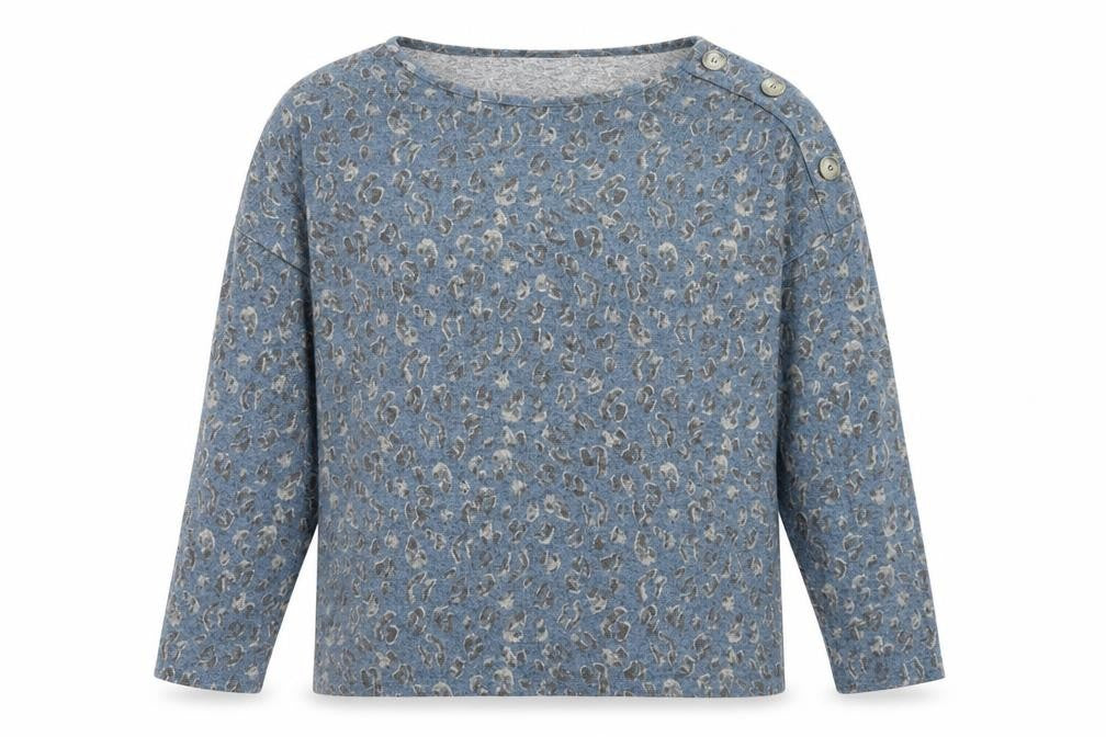 Front view of Bonmarché women’s blue round neck animal print polyester jumper, size UK 14, - leopard print