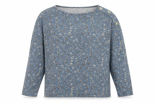 Front view of Bonmarché women’s blue round neck animal print polyester jumper, size UK 14, - leopard print