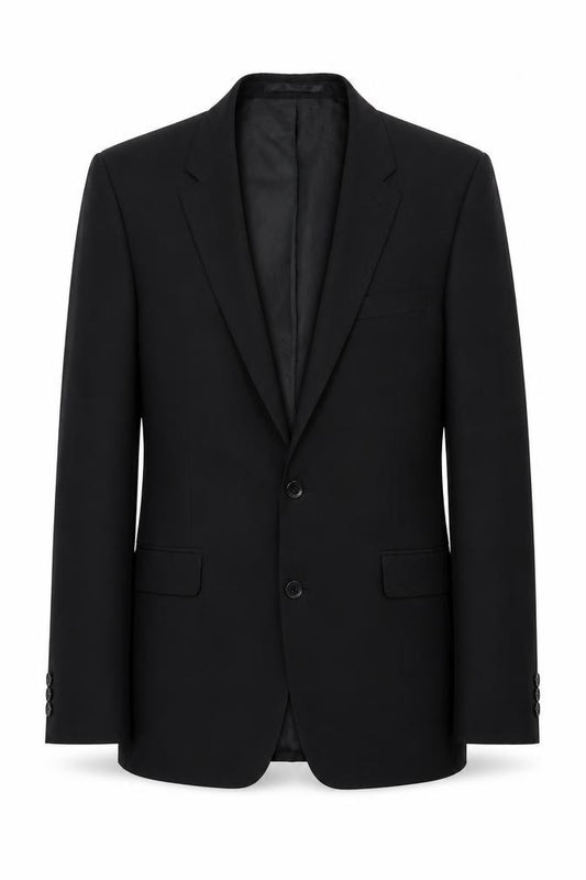 Front view of Suit Direct men’s black polyester jacket suit jacket, size 40, regular