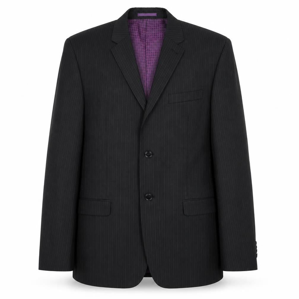 Front view of Next men’s black striped wool jacket suit jacket, size 38, regular