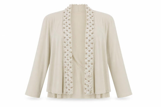 Front view of H&M women’s beige polyester kimono blouse, size UK 4, v-neck