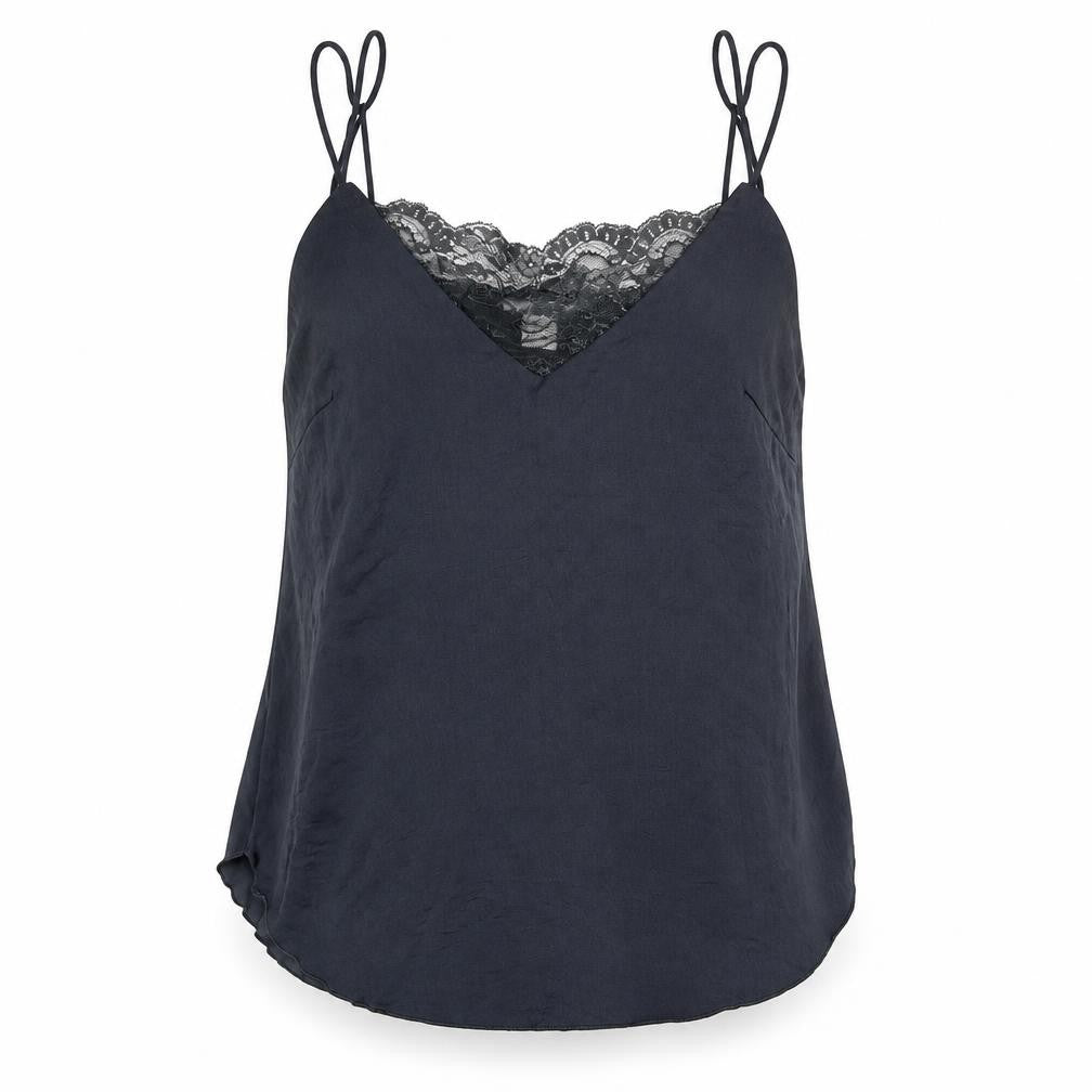 Front view of H&M women’s grey polyester basic tank, size UK 4, v-neck - lace detail