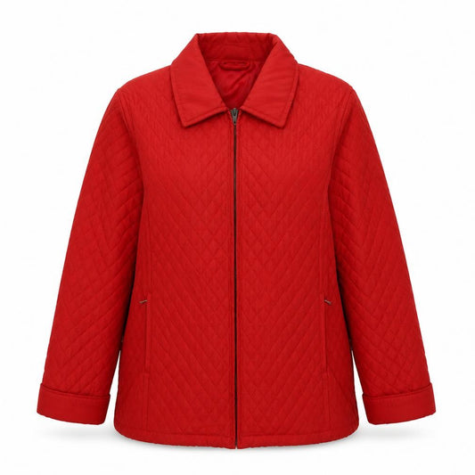 Front view of Jumper women’s red quilted jacket, size M, zip