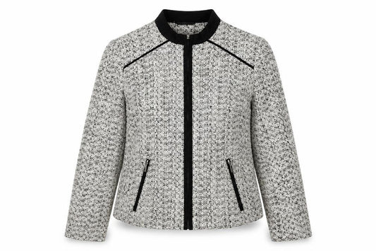 Front view of EWM women’s white geometric jacket, size UK 10, zip