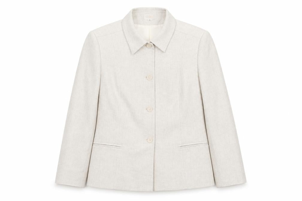 Front view of Cleo women’s beige jacket blazer, size UK 8, button
