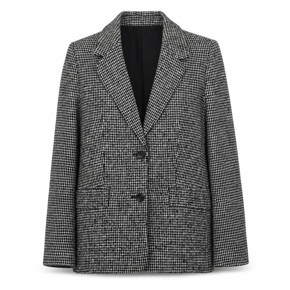 Front view of Marks & Spencer women’s black geometric polyester jacket blazer, size UK 8