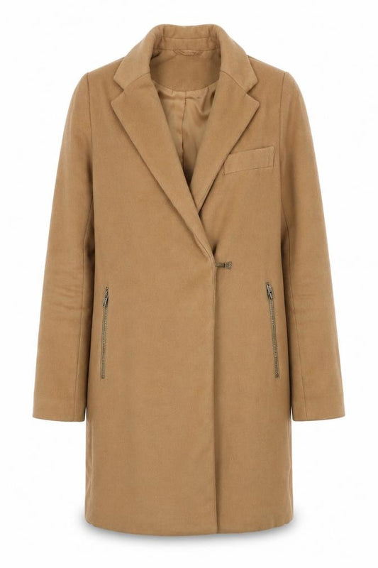 Front view of ASOS women’s brown overcoat coat, size UK 4, buckle