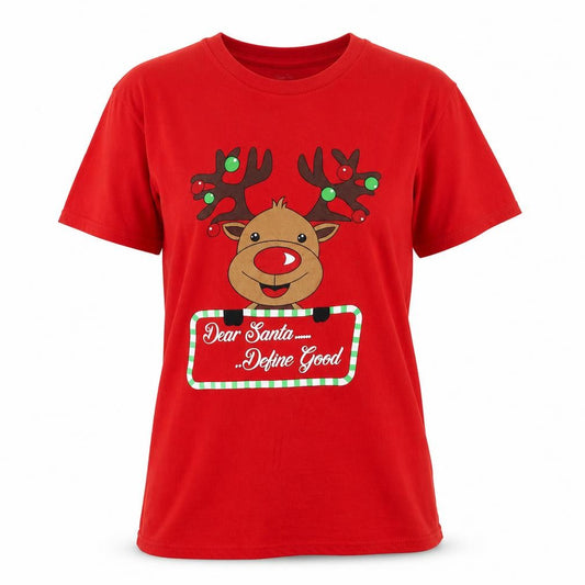 Front view of Casual Classics women’s red cotton basic t-shirt, size M, round neck - dear santa....