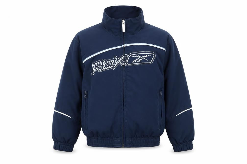 Front view of Reebok boys’ blue windbreaker jacket, size 4, years zip