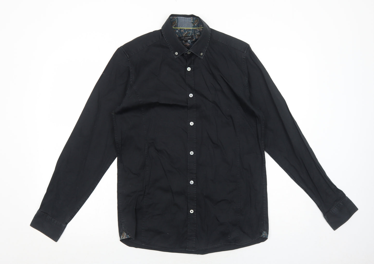 Ted Baker Mens Black Cotton Button-Up Size S Collared Button