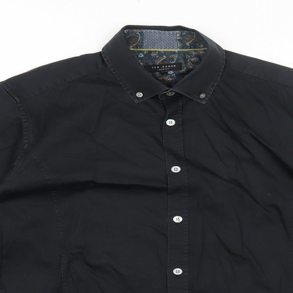 Ted Baker Mens Black Cotton Button-Up Size S Collared Button