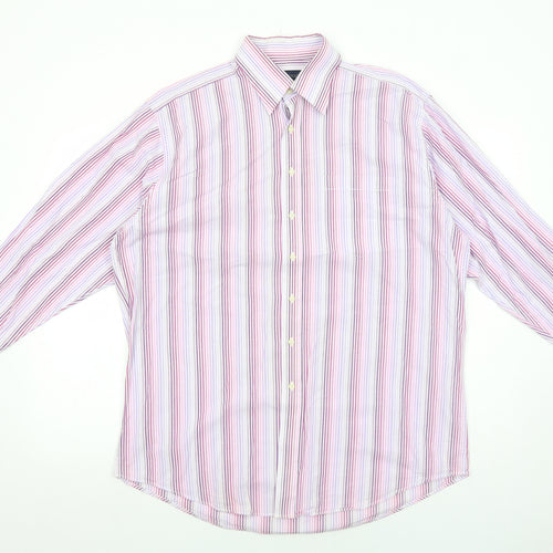 Carducci Mens Pink Striped Cotton Button-Up Size 16 Collared Button