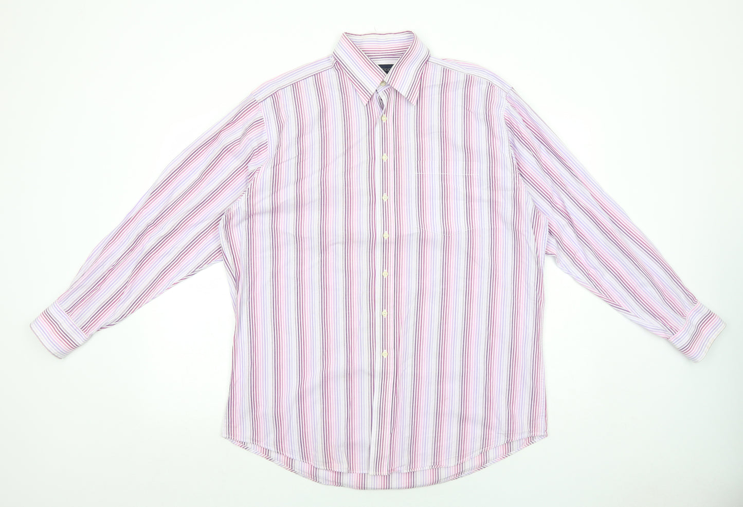 Carducci Mens Pink Striped Cotton Button-Up Size 16 Collared Button
