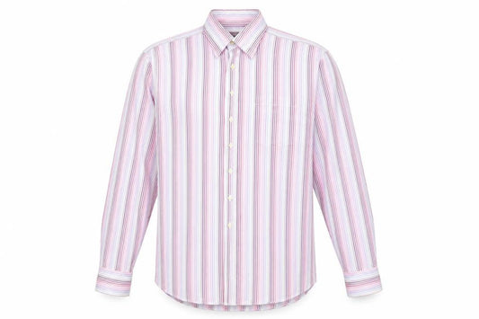 Front view of Carducci men’s pink striped cotton button-up, size 16, collared button