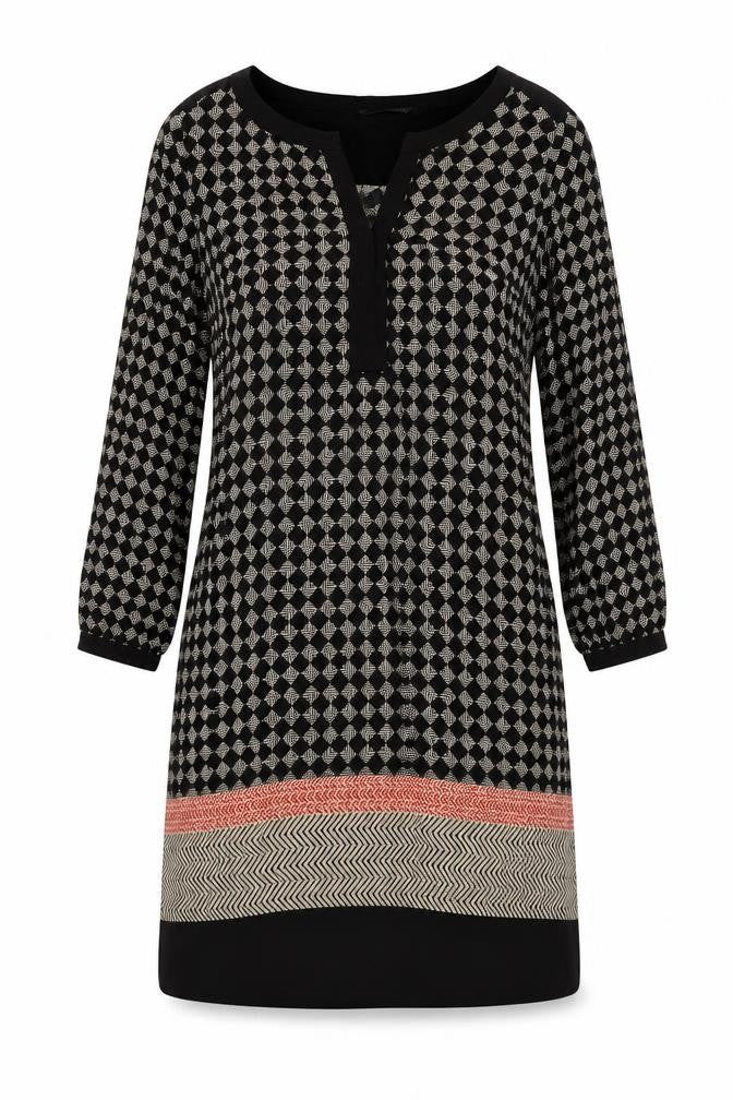 Front view of Marks & Spencer women’s black geometric viscose a-line, size UK 10, v-neck pullover