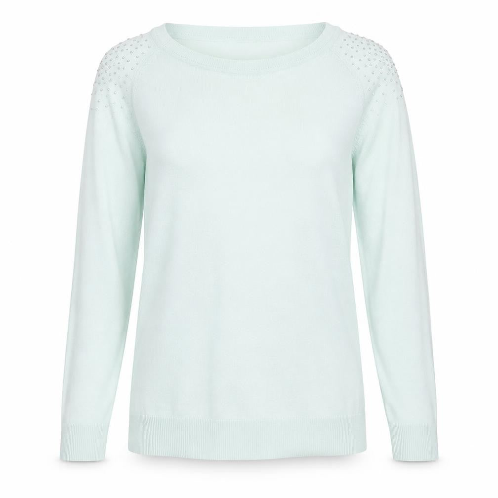 Front view of Flouse women’s blue round neck acrylic jumper, size M