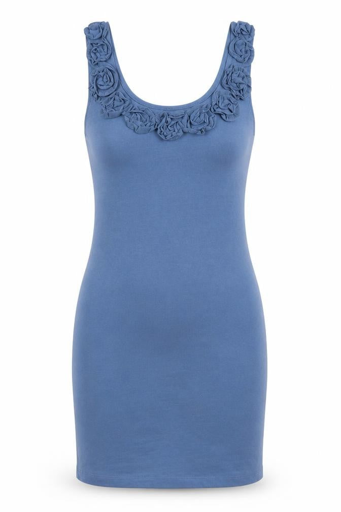 Front view of H&M women’s blue polyester tank dress, size S, round neck pullover - flower detail