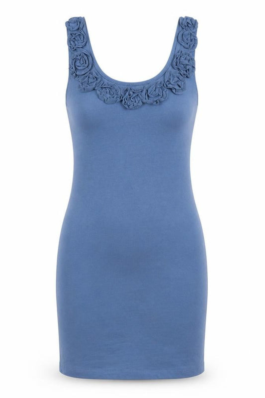 Front view of H&M women’s blue polyester tank dress, size S, round neck pullover - flower detail