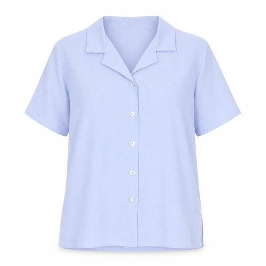Front view of Nightingales women’s blue polyester basic button-up, size UK 12, collared