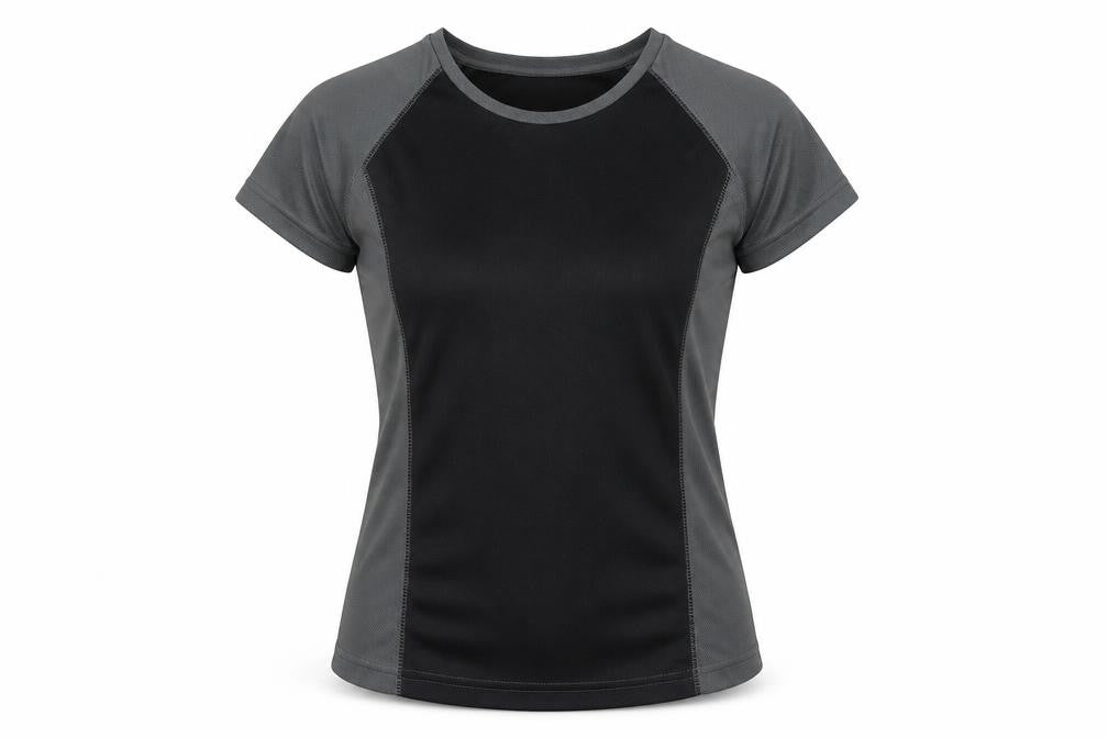 Front view of Mountain Life women’s grey colourblock polyester pullover t-shirt, size UK 10, round neck pullover