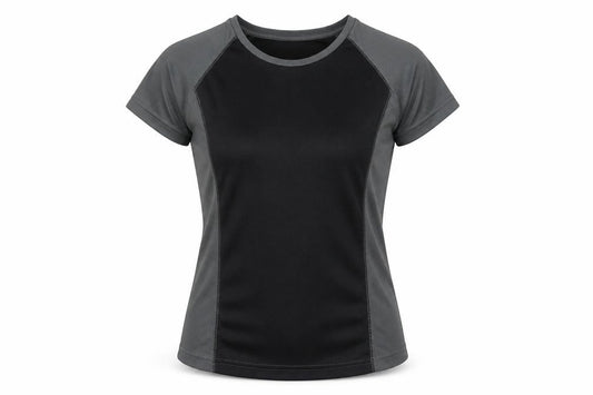 Front view of Mountain Life women’s grey colourblock polyester pullover t-shirt, size UK 10, round neck pullover