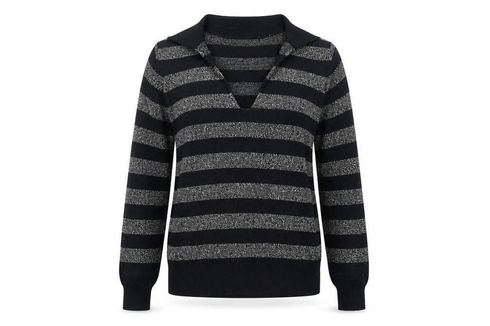 Front view of Marks & Spencer women’s black collared striped viscose jumper, size S