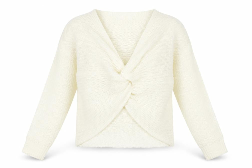 Front view of Divided by H&M women’s white v-neck acrylic jumper, size M, - knot front