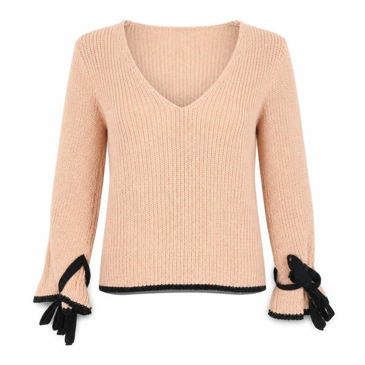 Front view of ASOS women’s pink v-neck acrylic jumper, size UK 8