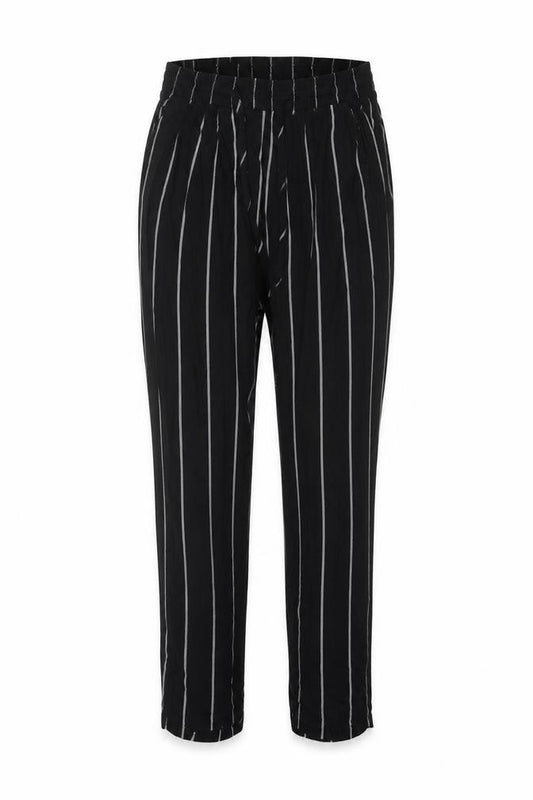Front view of PRETTYLITTLETHING women’s black striped viscose trousers, size UK 8, regular drawstring