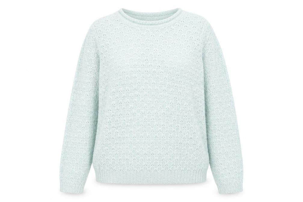 Front view of M&Co women’s blue round neck acrylic jumper, size UK 14