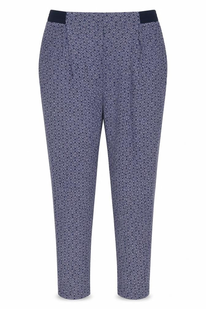 Front view of Next women’s blue geometric viscose trousers, size UK 8, regular