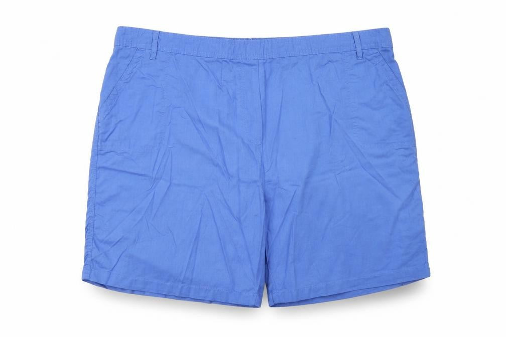 Front view of Anthology women’s blue cotton basic shorts, size UK 32, regular pull on