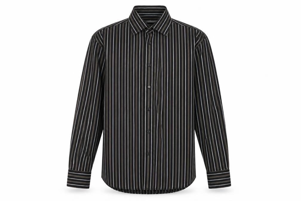 Front view of Next men’s black striped cotton button-up, size 15.5 collared button