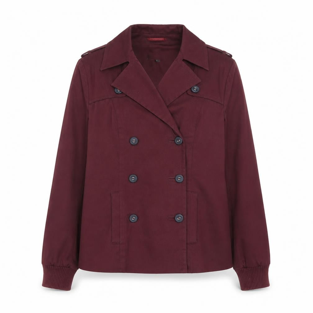 Front view of Marks & Spencer women’s purple pea coat coat, size UK 12, button