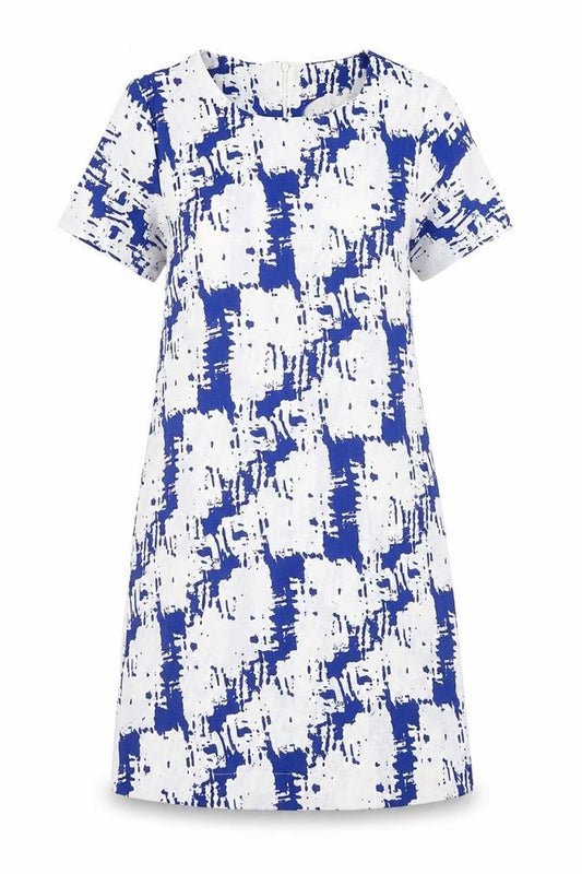 Front view of Fashion Union women’s blue geometric polyester a-line, size UK 6, round neck zip