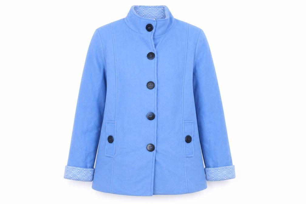 Front view of Anne De Lancay women’s blue jacket, size S, button