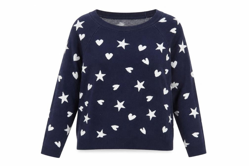 Front view of Next women’s blue geometric viscose pullover sweatshirt, size M, pullover - love hearts and stars