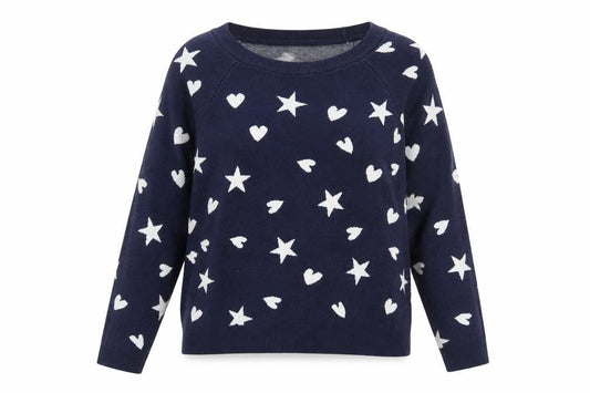 Front view of Next women’s blue geometric viscose pullover sweatshirt, size M, pullover - love hearts and stars