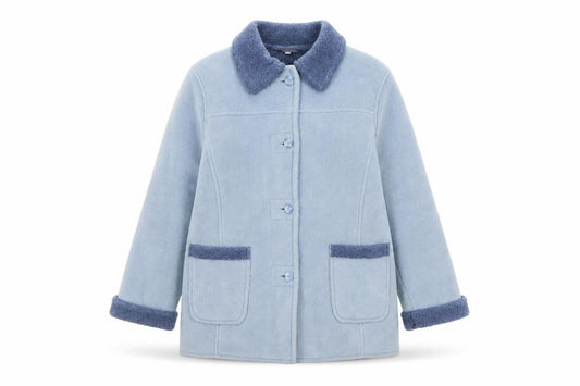 Front view of EWM women’s blue jacket, size UK 16, button