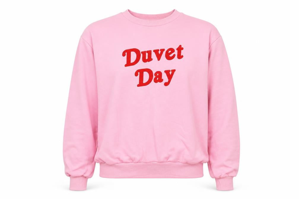 Front view of Outrageous women’s pink polyester pullover sweatshirt, size S, pullover - duvet day