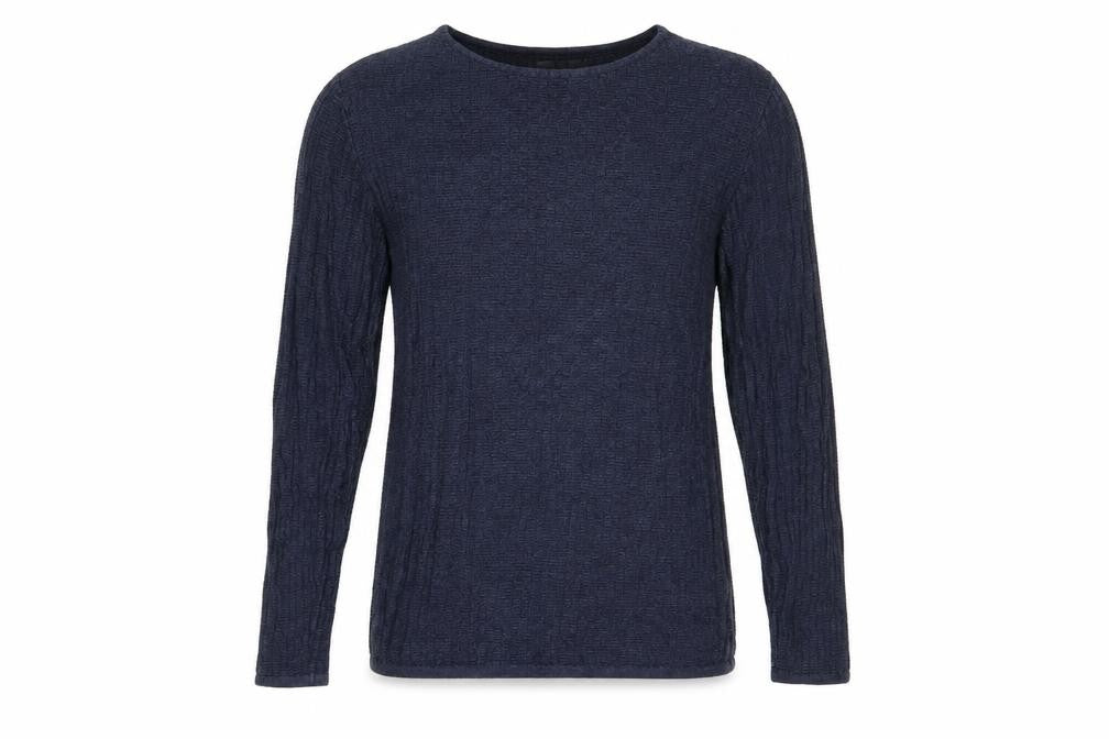 Front view of Topman men’s blue round neck cotton jumper, size S, long sleeve