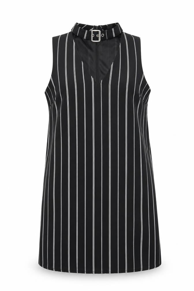 Front view of New Look women’s black striped polyester a-line, size UK 10, halter zip