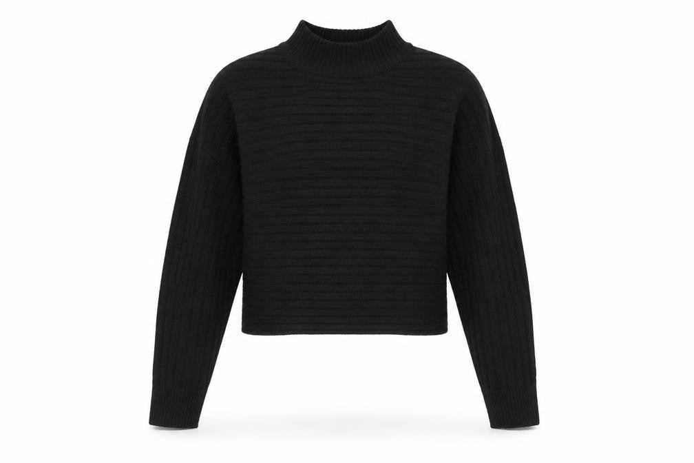 Front view of New Look girls’ black mock neck acrylic jumper, size 12-13, years pullover