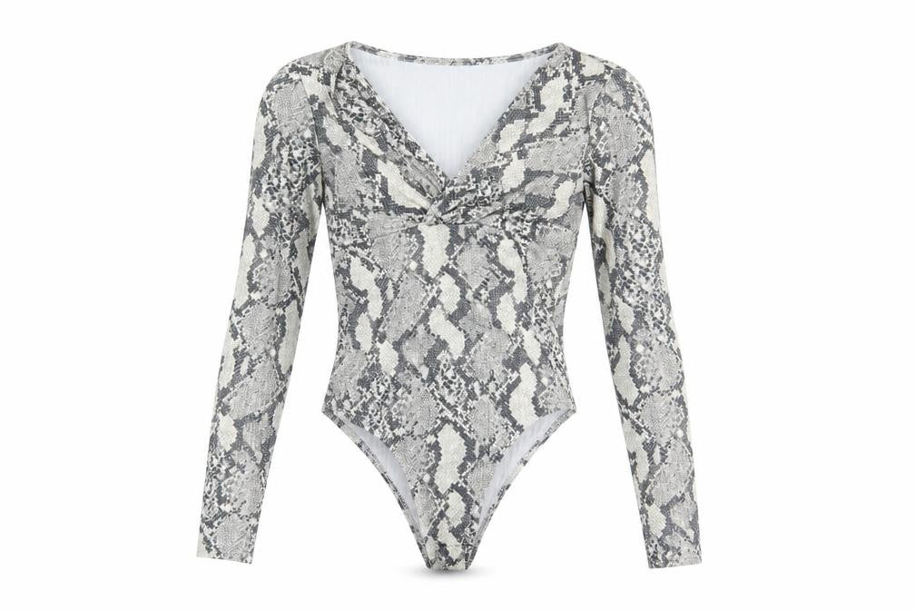 Front view of H&M women’s grey animal print polyester bodysuit one-piece, size S, snap - snake print