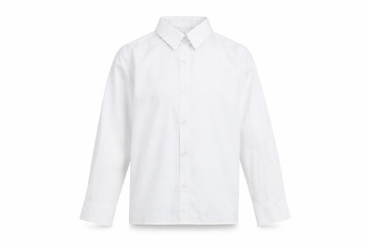 Front view of Marks & Spencer boys’ white polyester basic button-up, size 8-9, years collared button