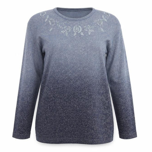 Fay Louise Womens Blue Round Neck Floral Acrylic Pullover Jumper One Size