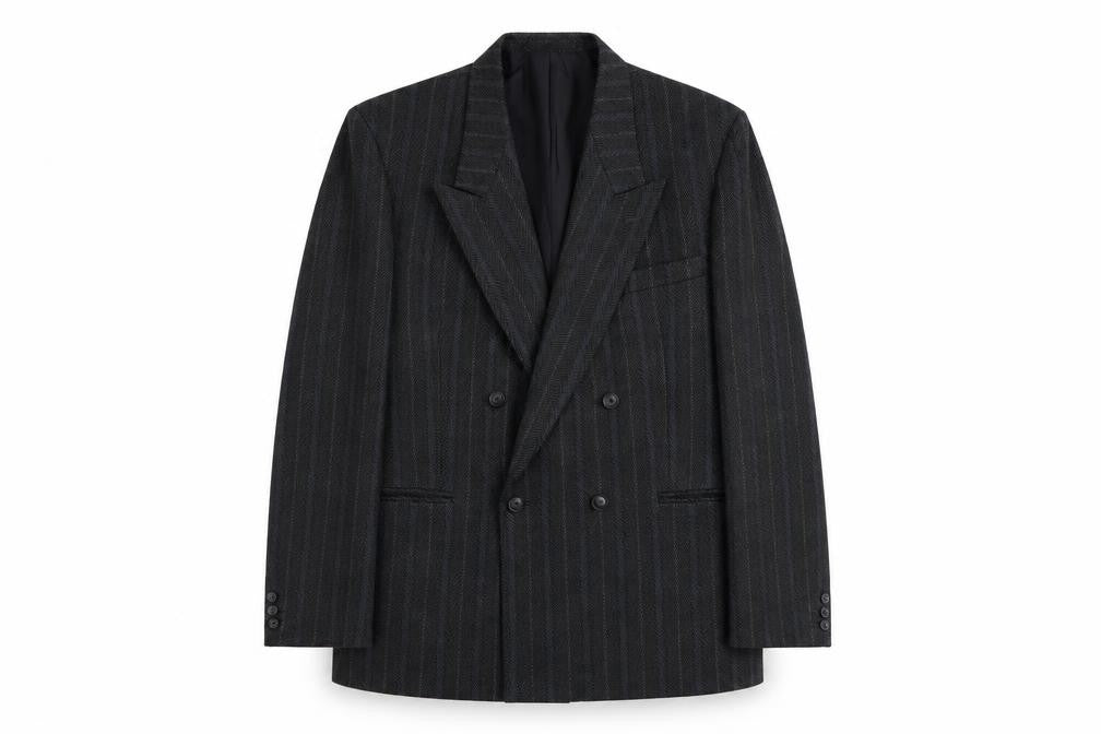 Front view of Hornes men’s grey striped polyester jacket blazer, size L, regular