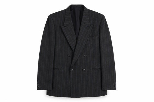Front view of Hornes men’s grey striped polyester jacket blazer, size L, regular