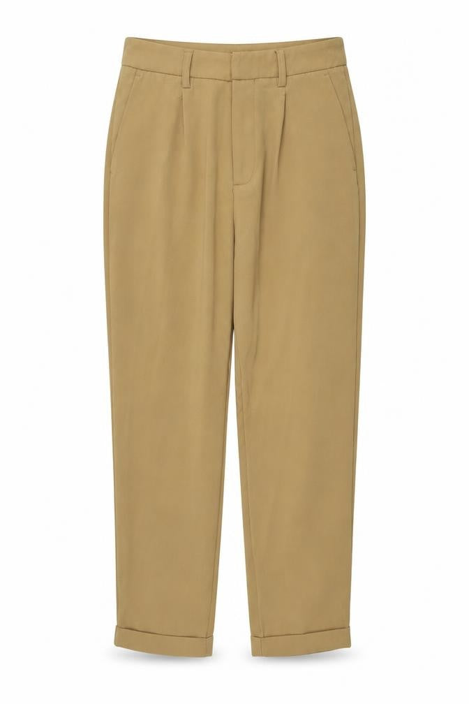 Front view of Stradivarius women’s beige polyester trousers, size UK 8, 25-inch leg regular button